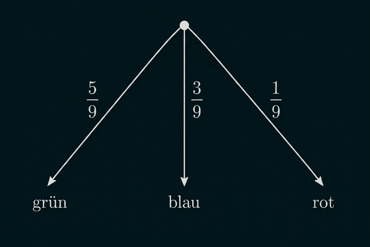 Baumdiagramm mit den Farben grün, blau und rot sowie Wahrscheinlichkeiten.
